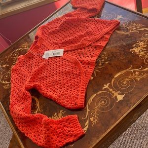 REBECCA TAYLOR SzM cotton blend cross back crop sweater coral orange NWT